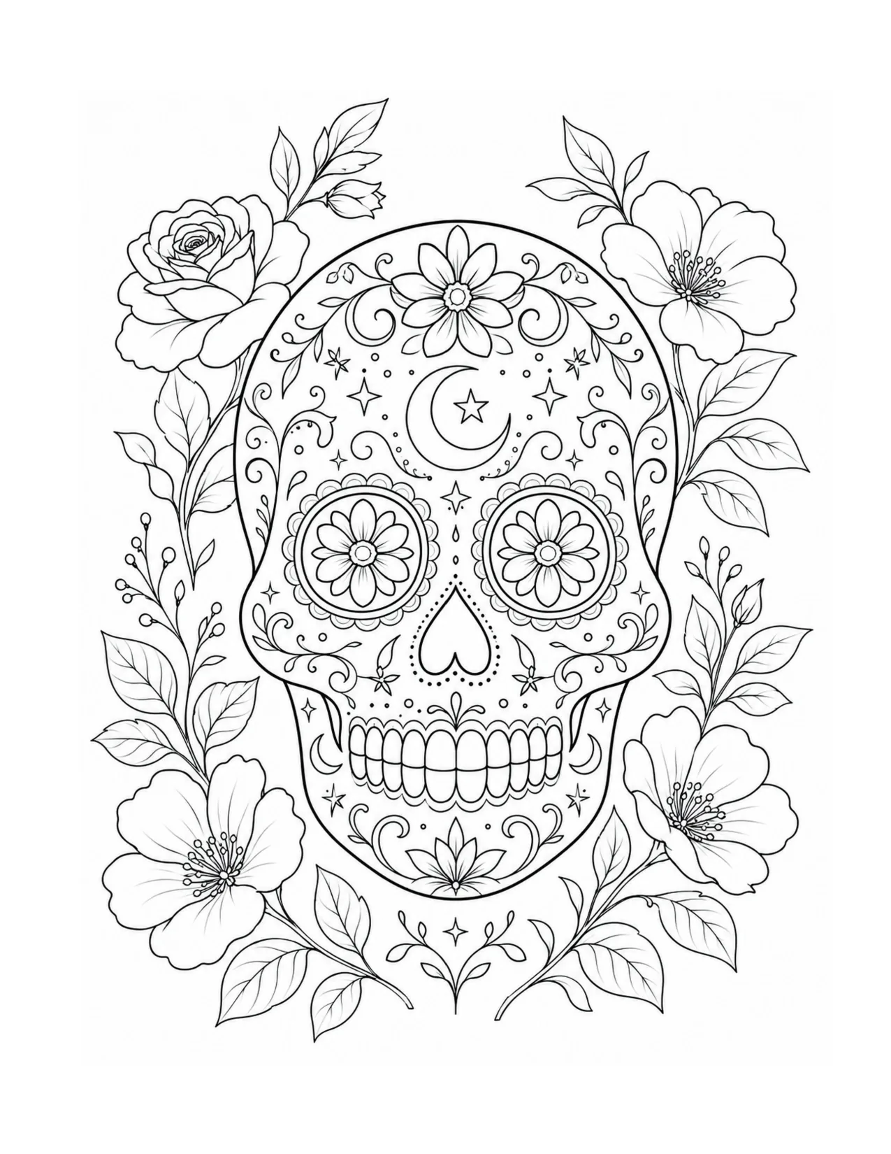 Decorative floral sugar skull, coloring page from Hodgepodge Hocus Pocus