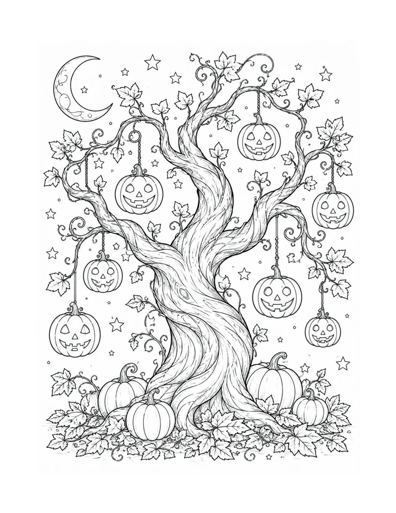 Whimsical pumpkin tree beneath a crescent moon, coloring page from Hodgepodge Hocus Pocus