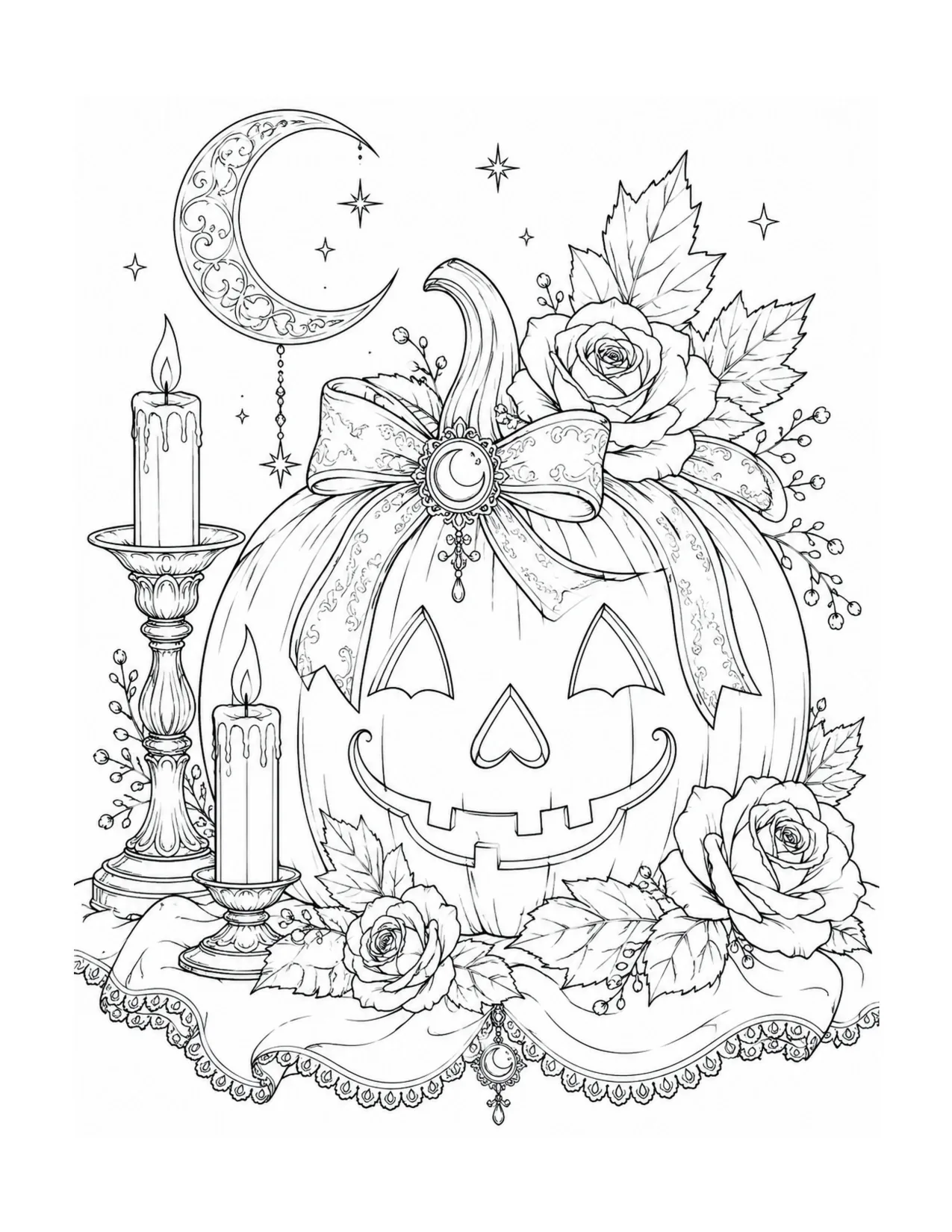 Ornate jack-o-lantern with flowers and candle, coloring page from Hodgepodge Hocus Pocus