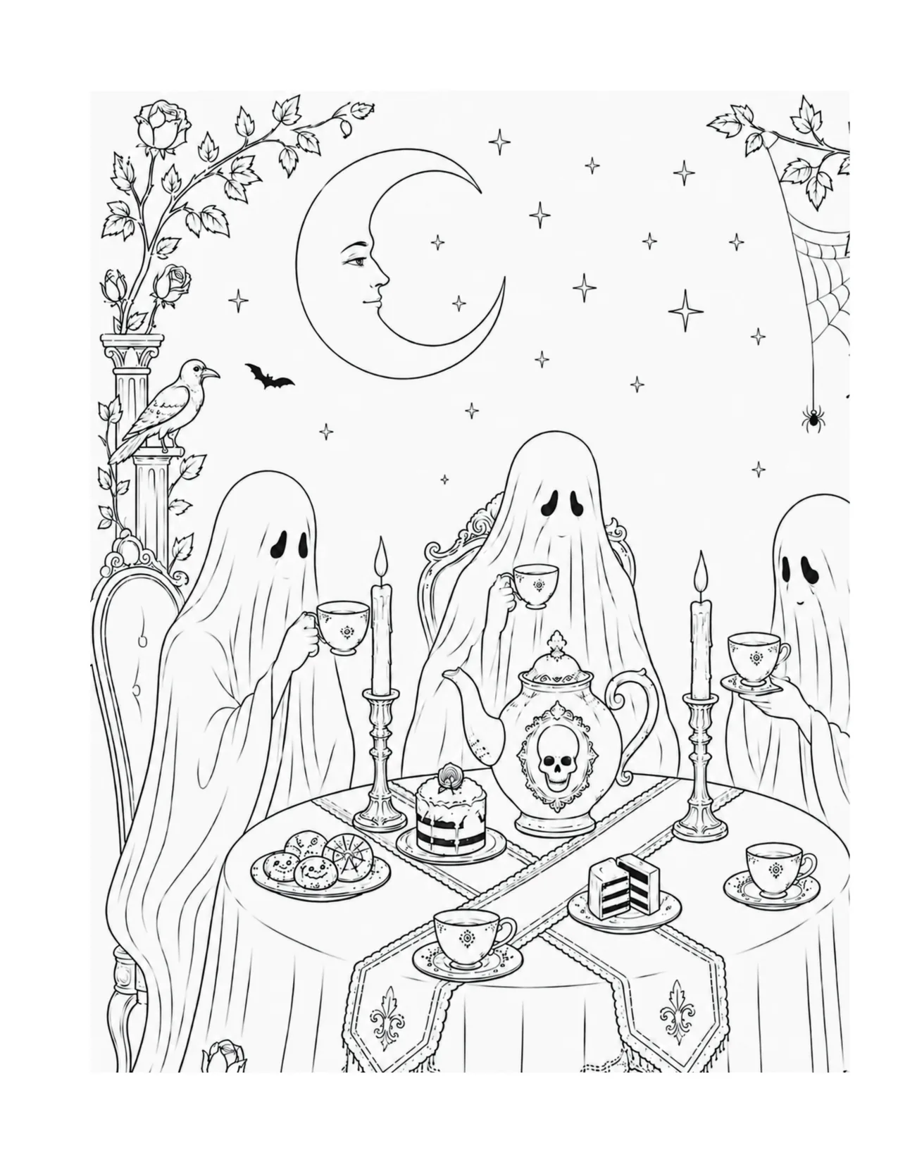 Friendly ghosts enjoying a moonlit tea party, coloring page from Hodgepodge Hocus Pocus
