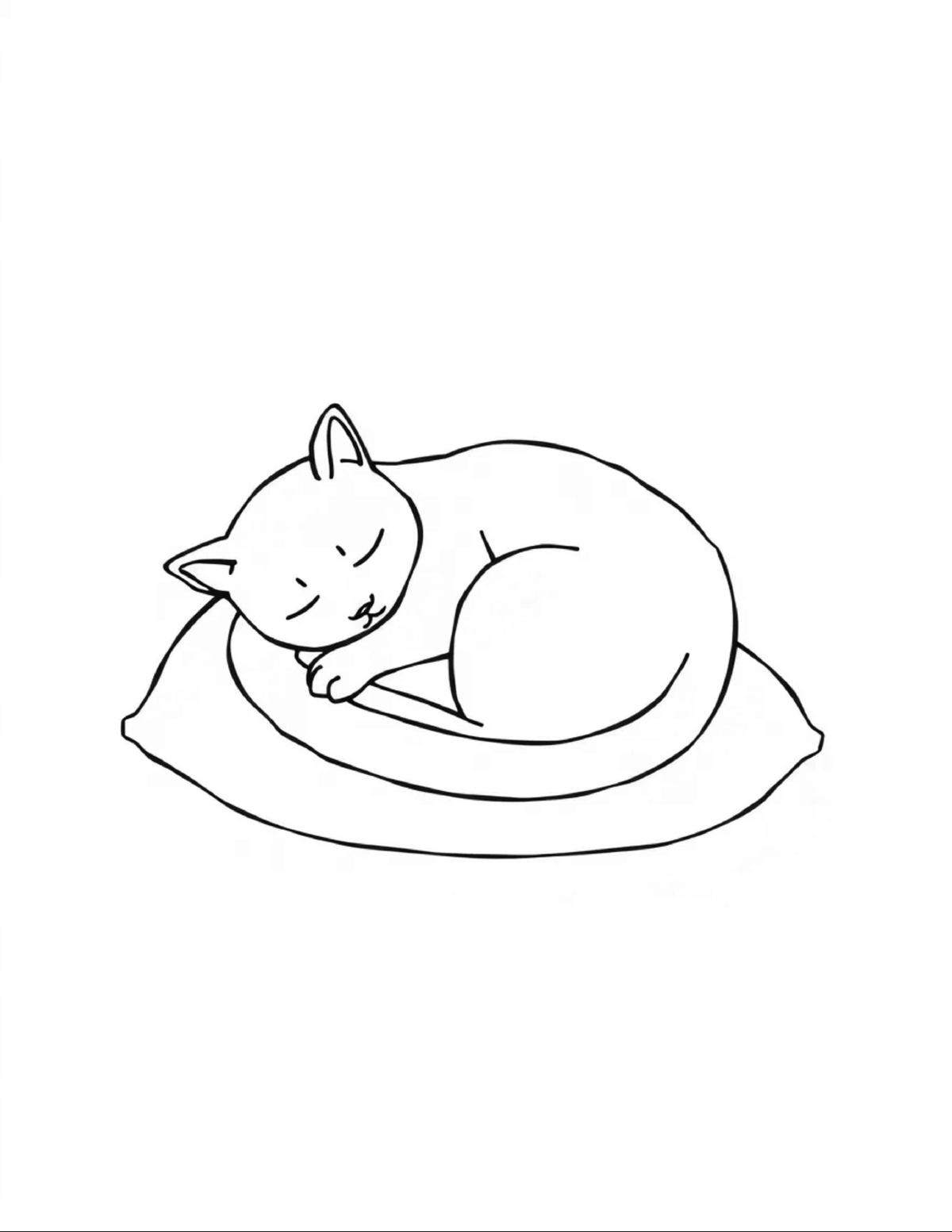 Cat curled asleep on a round cushion, black-and-white coloring page from Relaxing Cats To Color