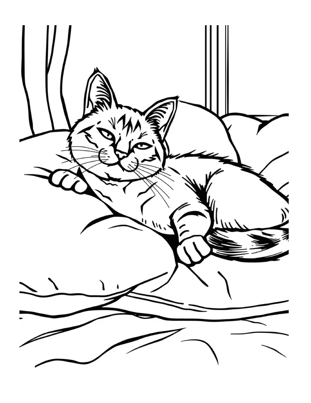 Relaxed cat stretched across a soft bed, black-and-white coloring page from Relaxing Cats To Color