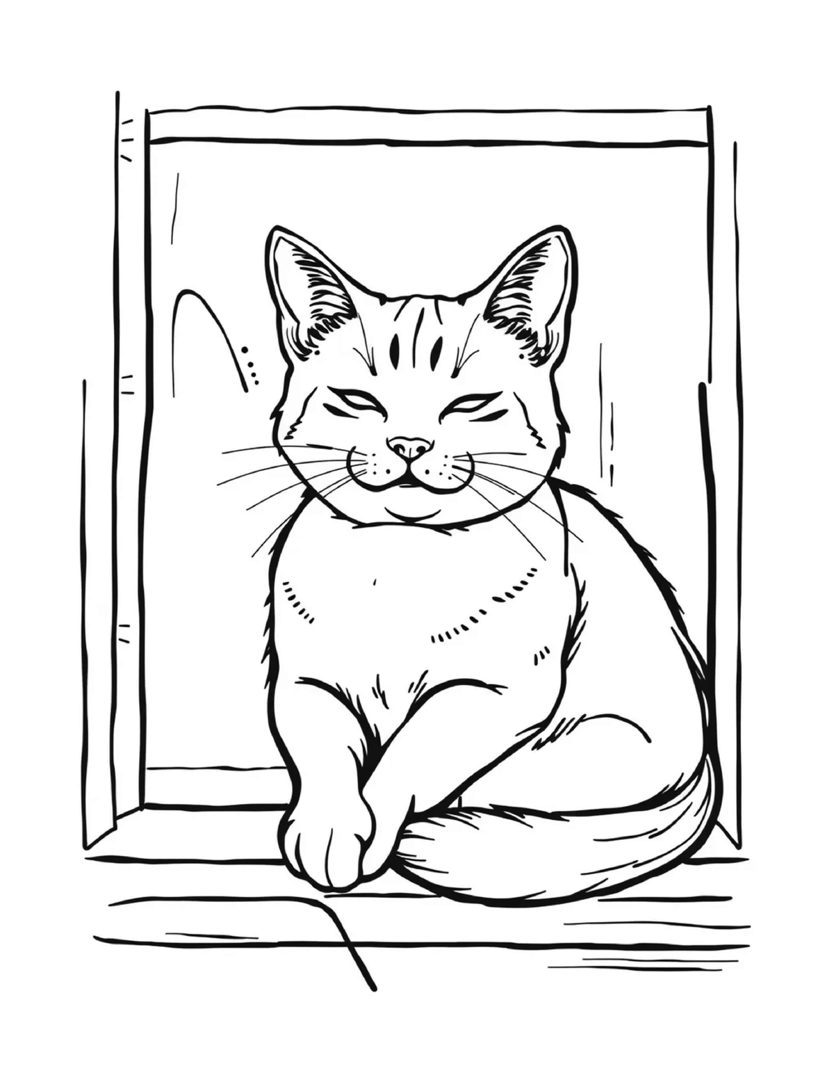 Contented cat sitting inside an open box, black-and-white coloring page from Relaxing Cats To Color