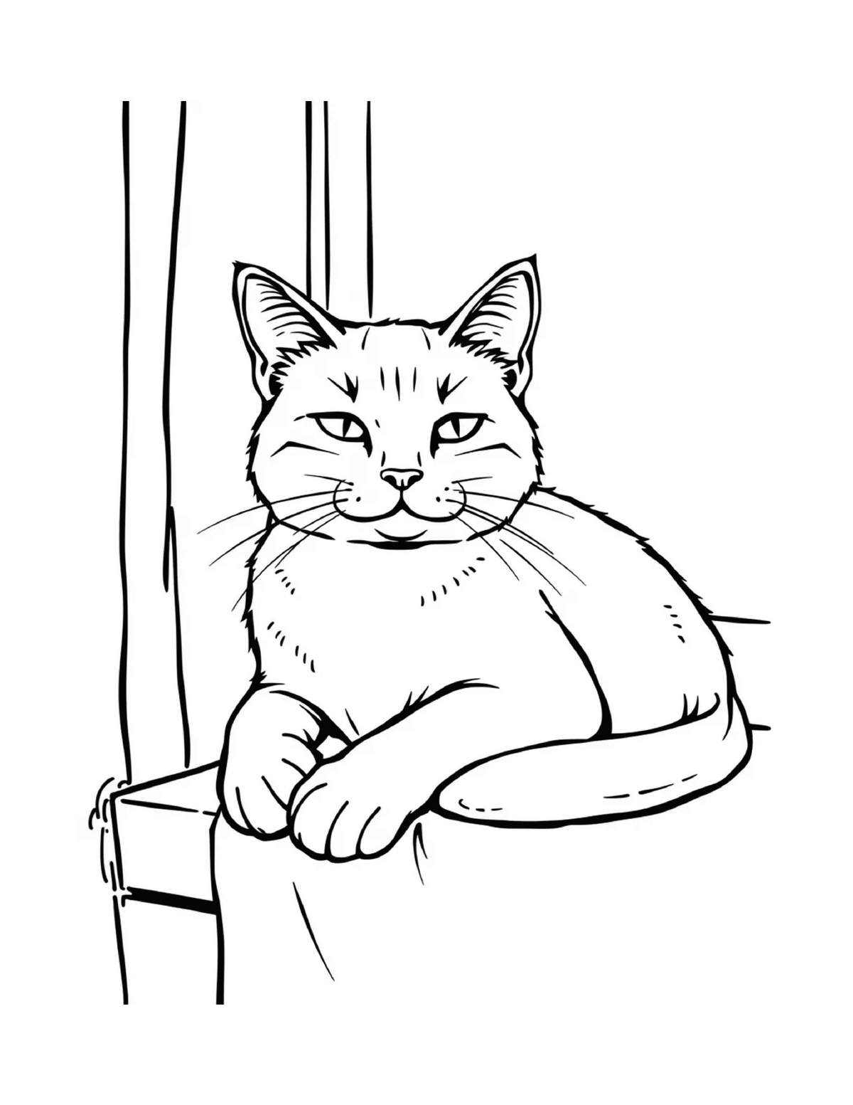 Fluffy kitten sitting near a window, black-and-white coloring page from Relaxing Cats To Color