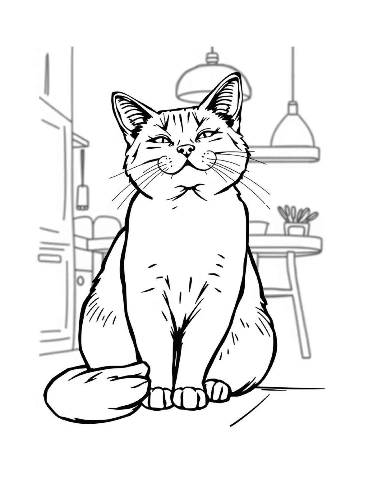 Cat sitting calmly in a cozy kitchen, black-and-white coloring page from Relaxing Cats To Color