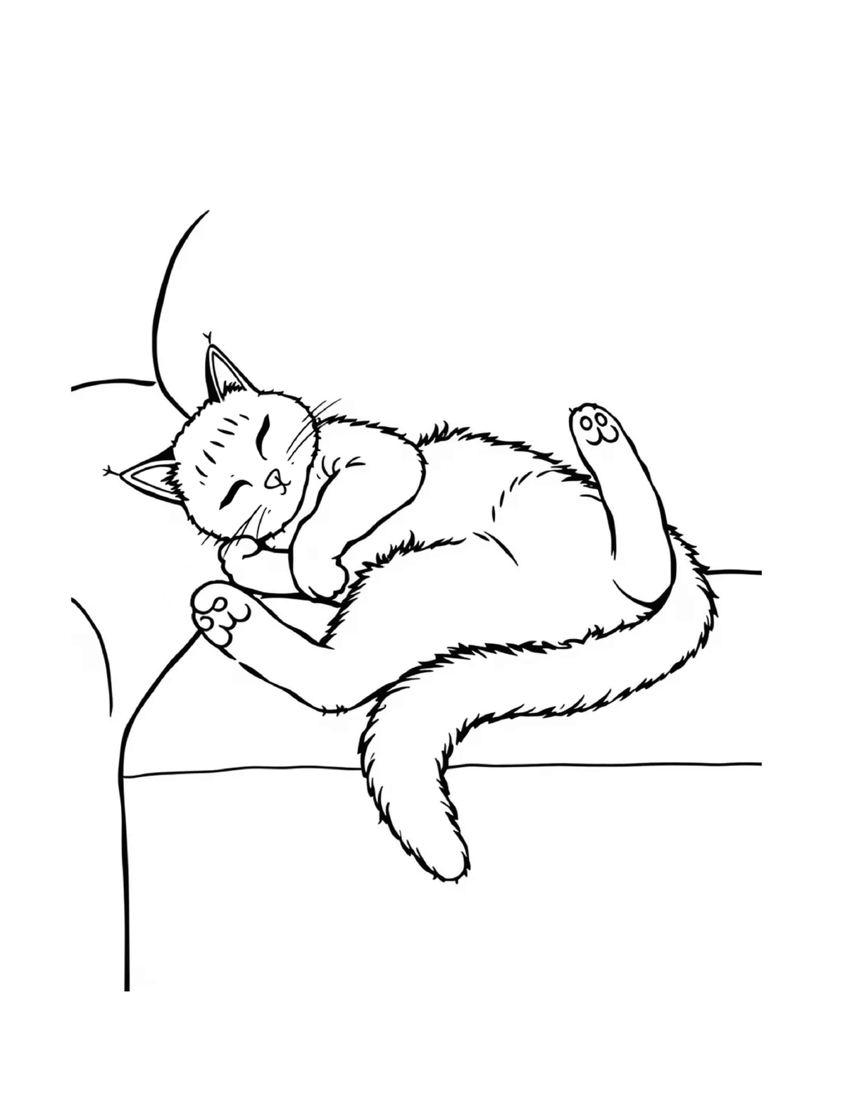 Sleeping cat curled on the arm of a chair, black-and-white coloring page from Relaxing Cats To Color