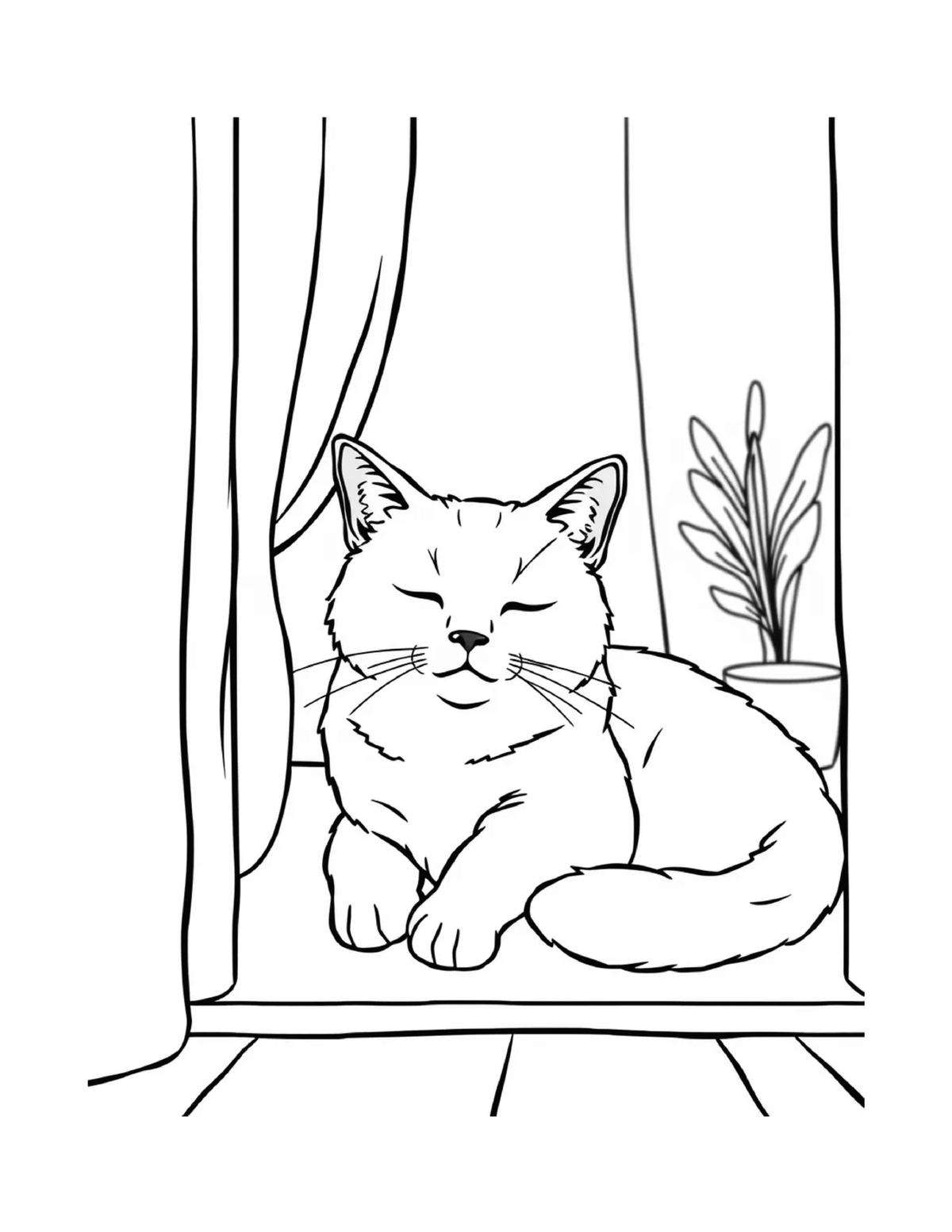 Resting cat curled beside a window and houseplant, black-and-white coloring page from Relaxing Cats To Color
