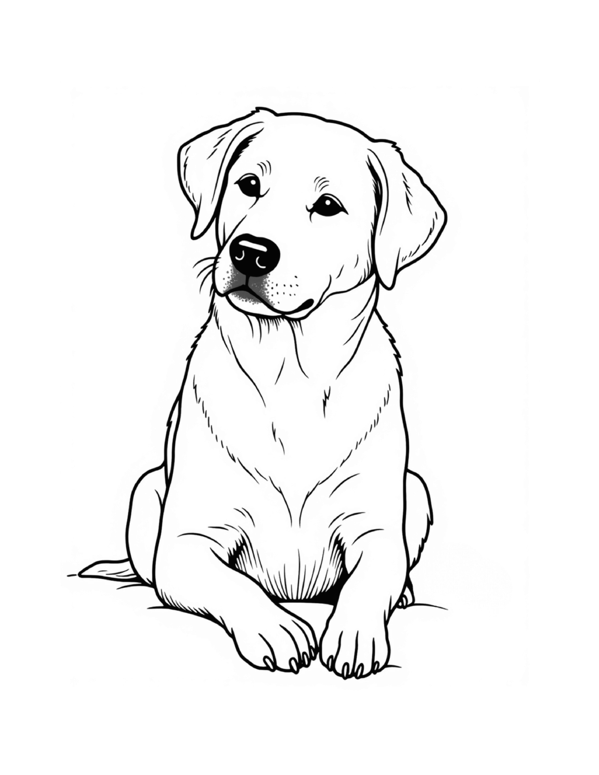 Labrador-style dog sitting calmly, black-and-white coloring page from Relaxing Dogs To Color