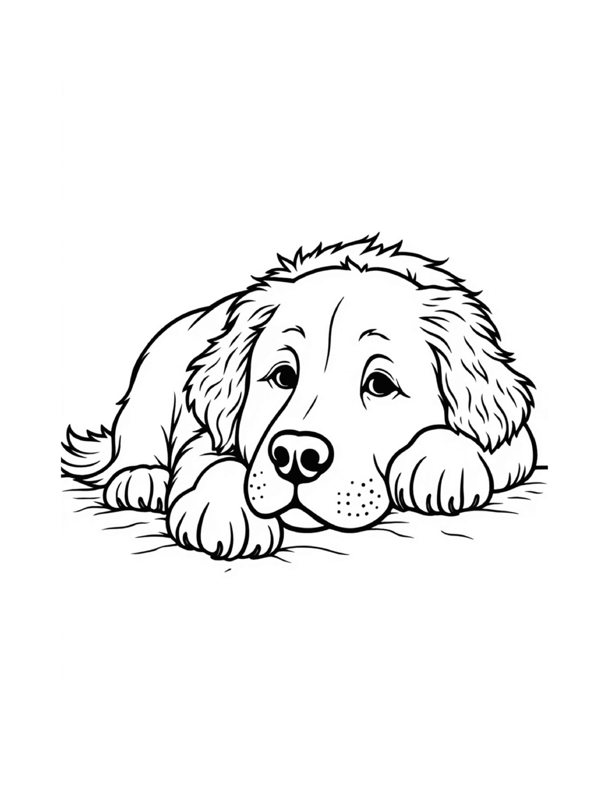 Large dog resting its head on its paws, black-and-white coloring page from Relaxing Dogs To Color