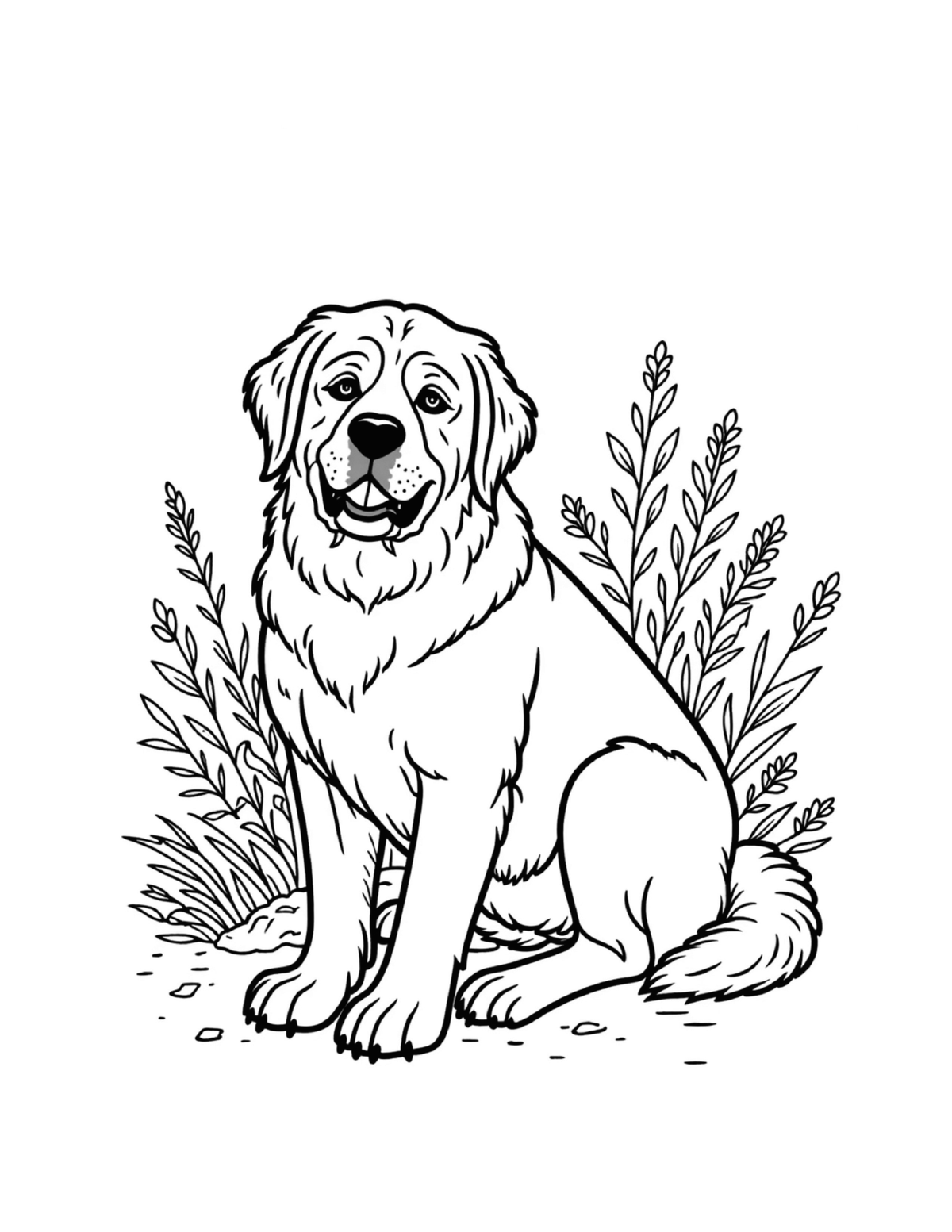 Large fluffy dog sitting among leafy plants, black-and-white coloring page from Relaxing Dogs To Color