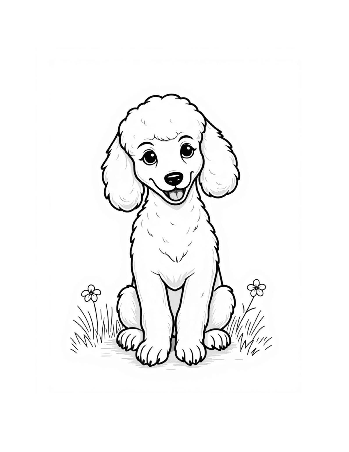 Poodle sitting in grass with small flowers, black-and-white coloring page from Relaxing Dogs To Color