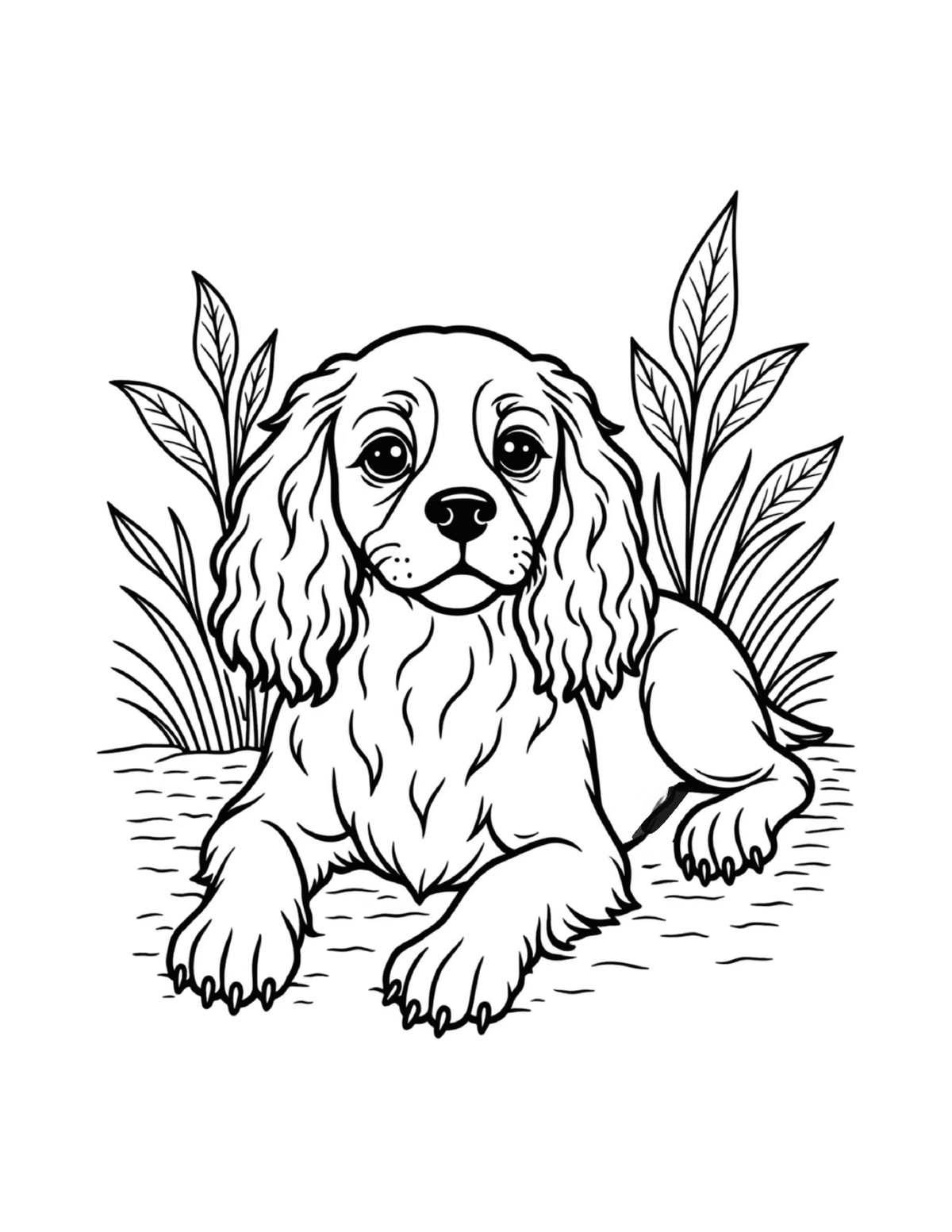 Long-eared spaniel resting among leaves, black-and-white coloring page from Relaxing Dogs To Color