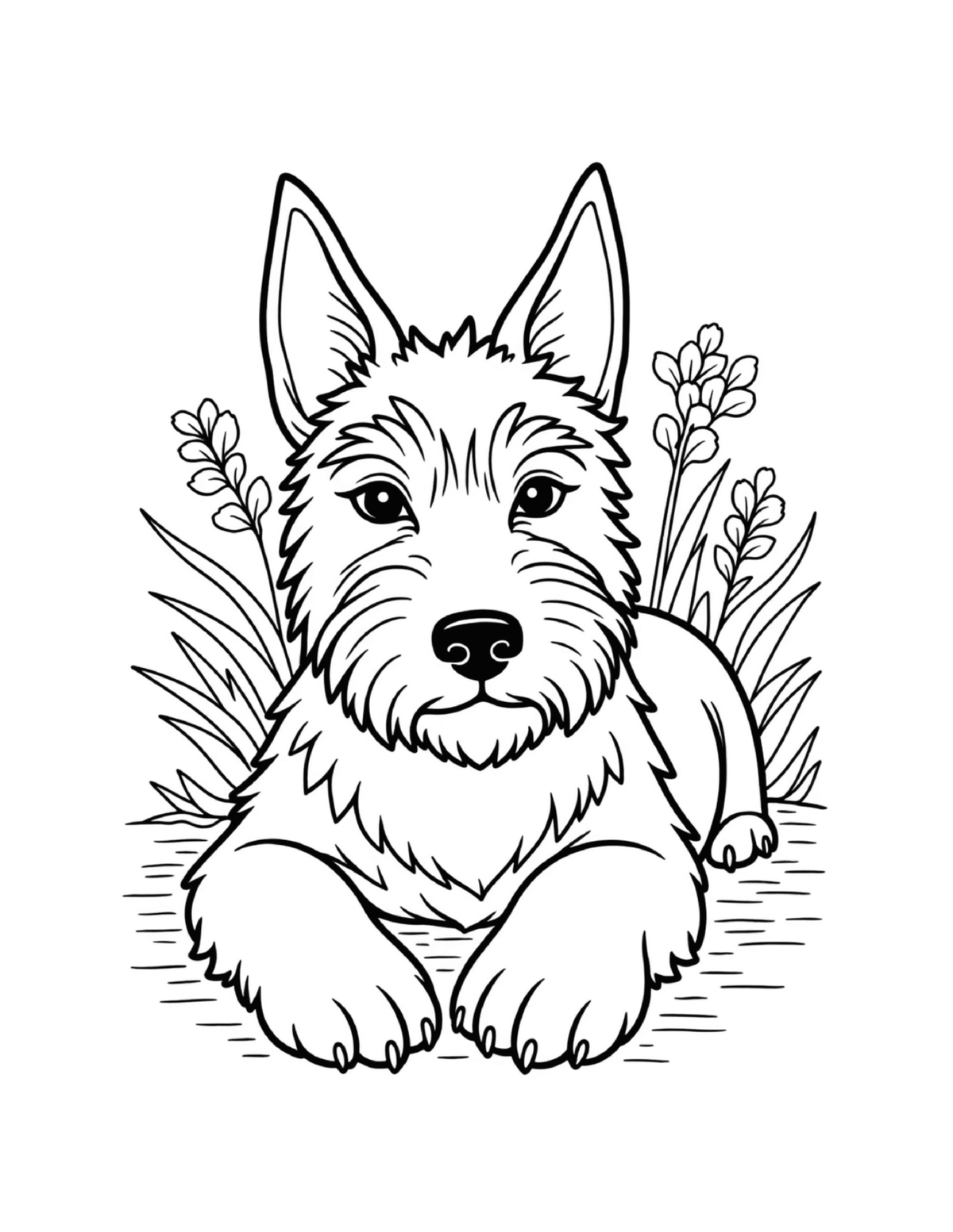 Small terrier resting among flowers, black-and-white coloring page from Relaxing Dogs To Color