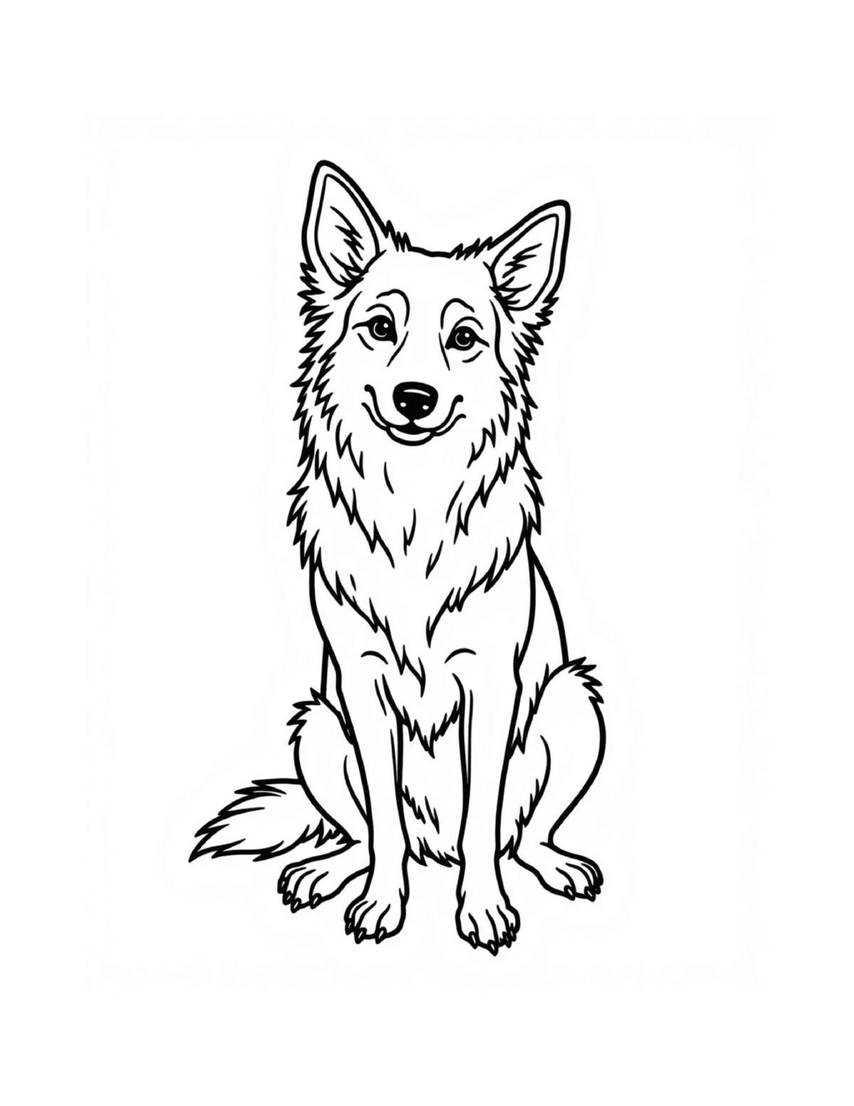 Alert shepherd-type dog sitting upright, black-and-white coloring page from Relaxing Dogs To Color