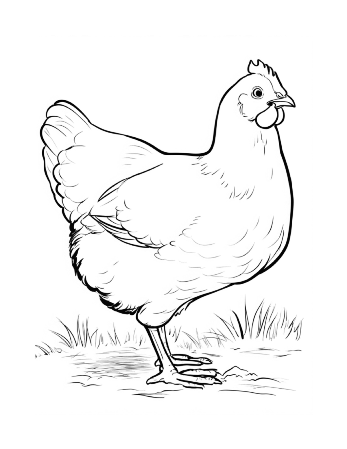 Hen standing calmly in a grassy farmyard, black-and-white coloring page from Relaxing Farm Animals To Color