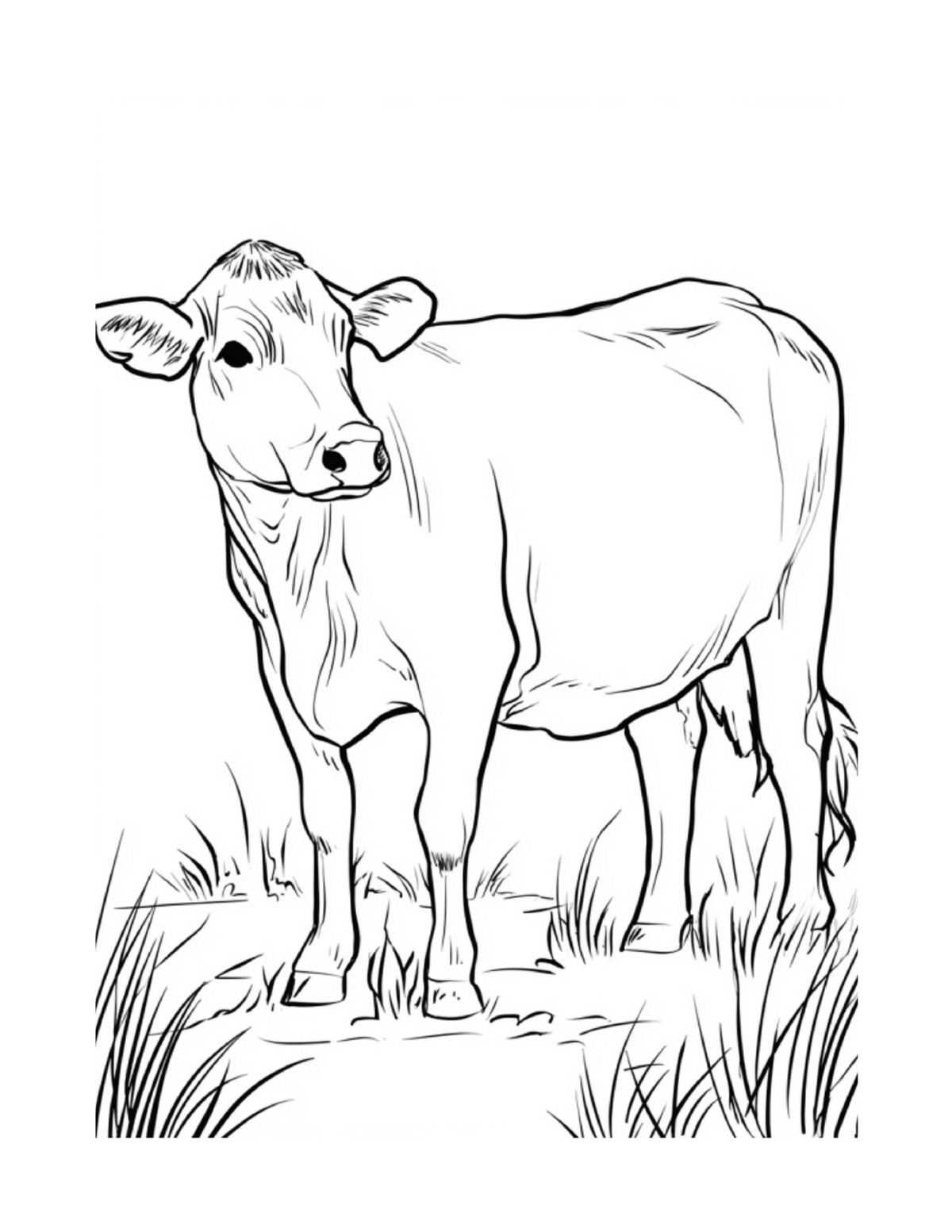 Cow standing in a peaceful pasture, black-and-white coloring page from Relaxing Farm Animals To Color