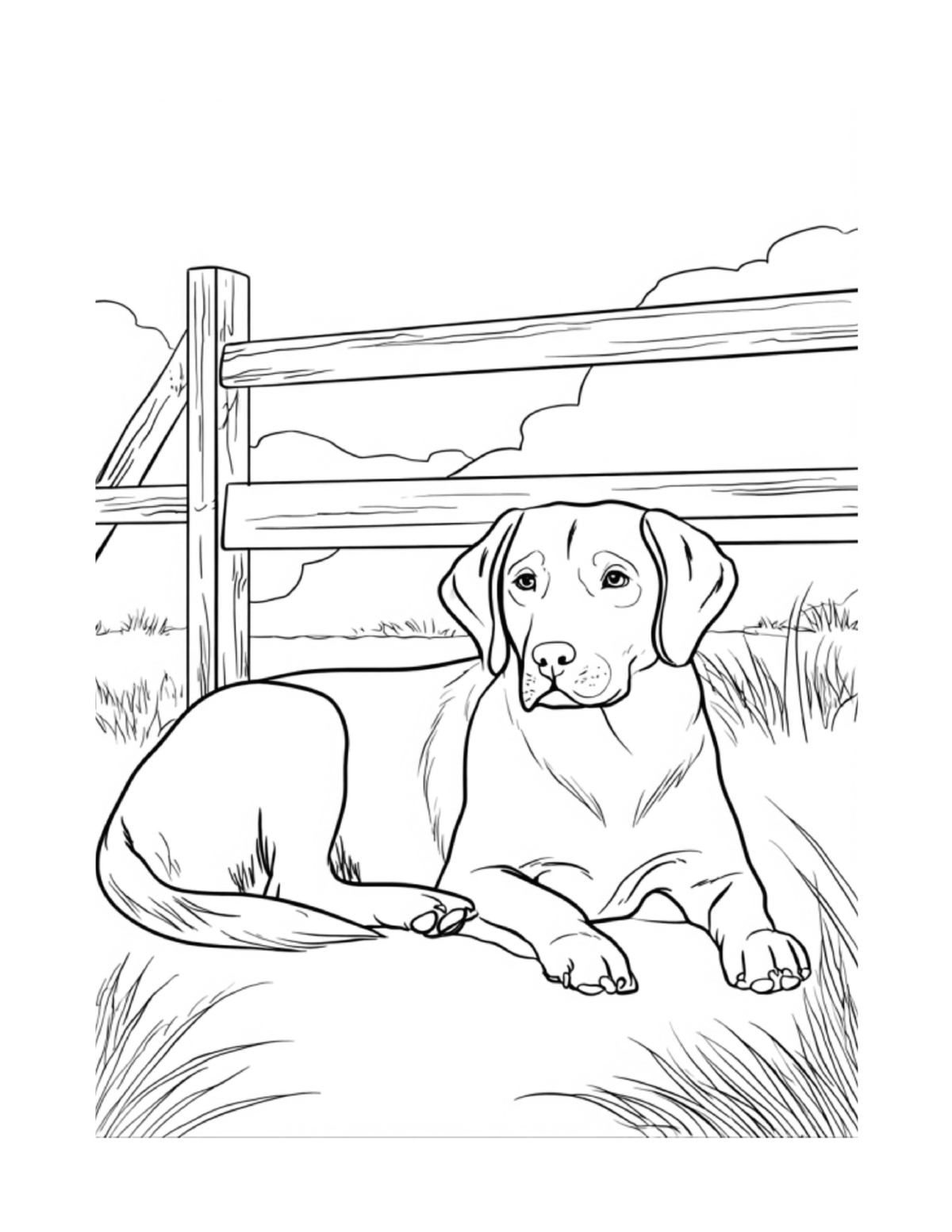 Farm dog resting beside a wooden fence, black-and-white coloring page from Relaxing Farm Animals To Color