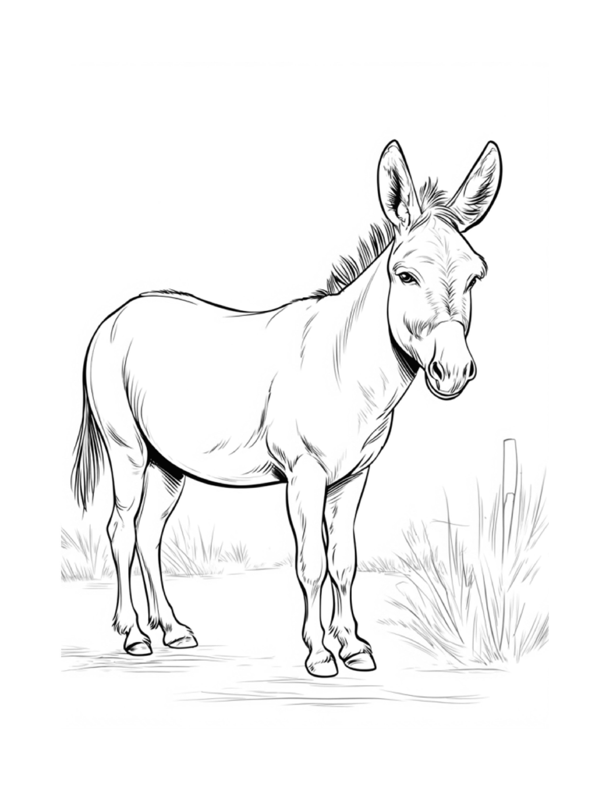 Donkey standing quietly in tall grass, black-and-white coloring page from Relaxing Farm Animals To Color