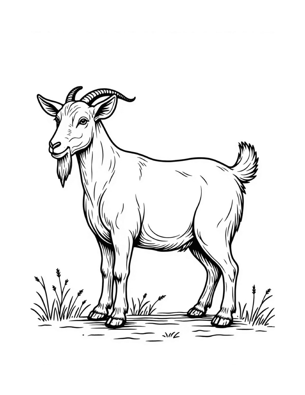 Goat standing in a simple farm setting, black-and-white coloring page from Relaxing Farm Animals To Color