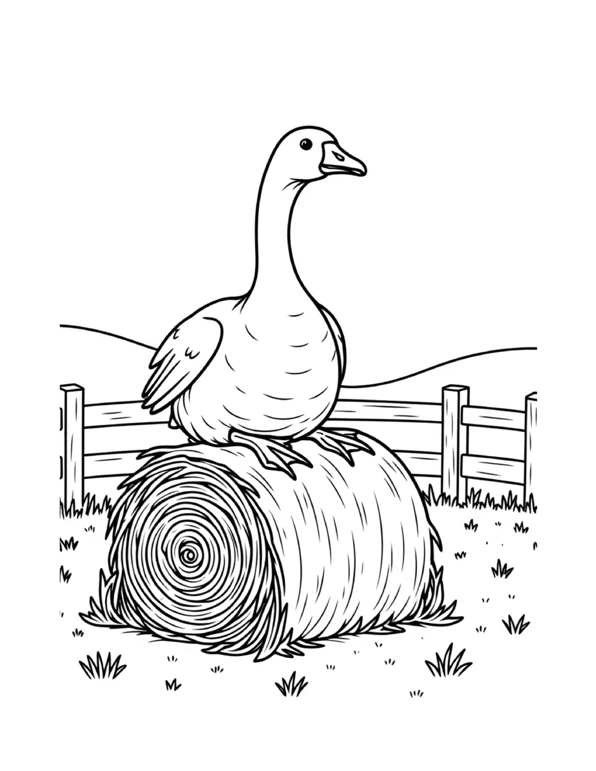 Goose perched on a round hay bale, black-and-white coloring page from Relaxing Farm Animals To Color