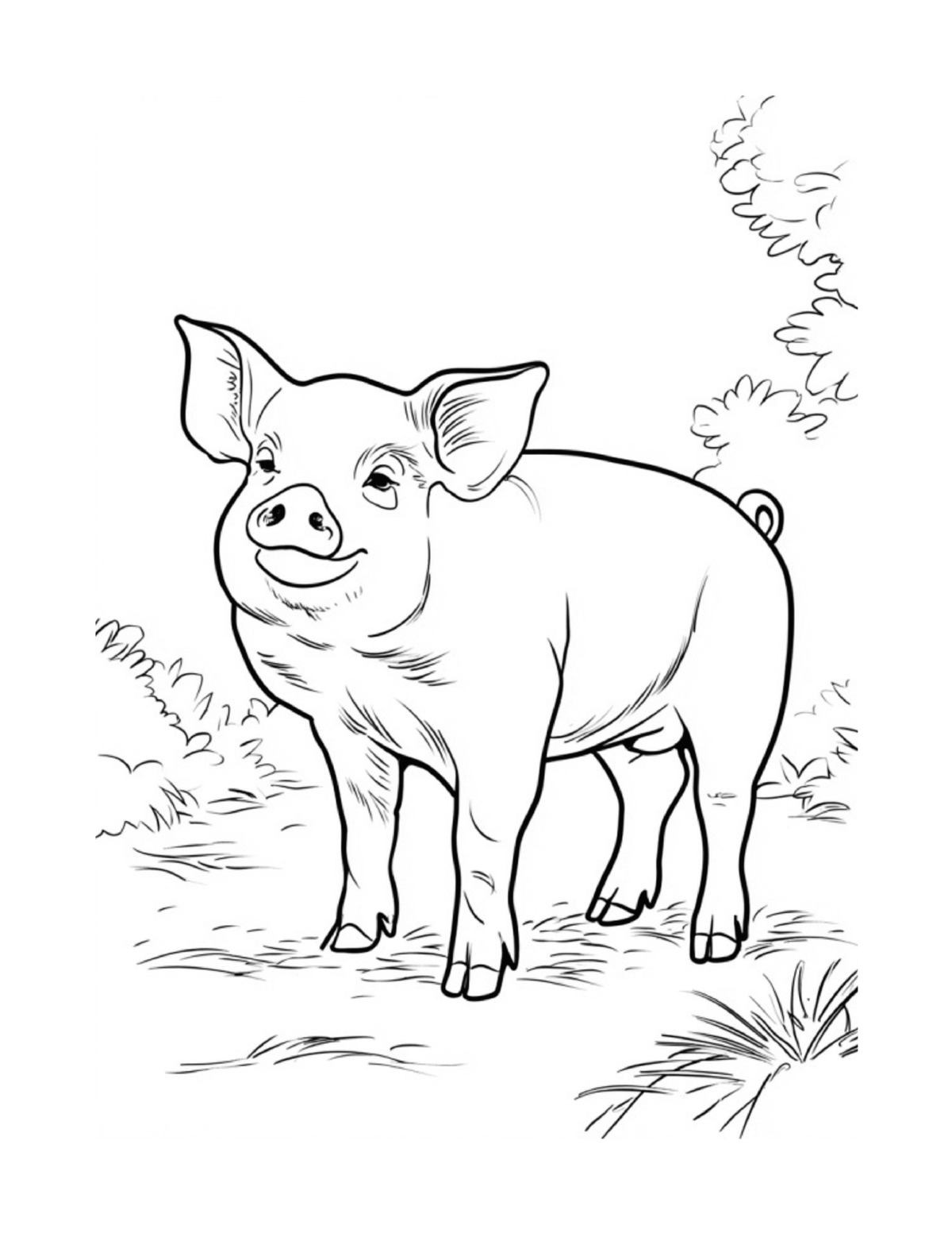 Pig standing beside a farm fence, black-and-white coloring page from Relaxing Farm Animals To Color