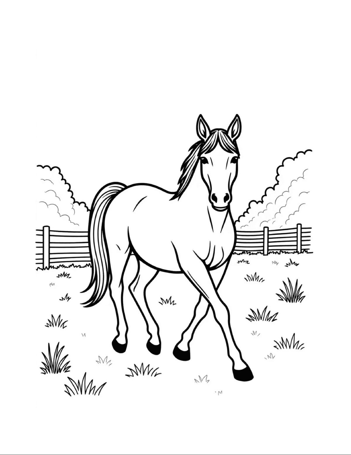 Horse walking through a peaceful fenced pasture, black-and-white coloring page from Relaxing Horses To Color