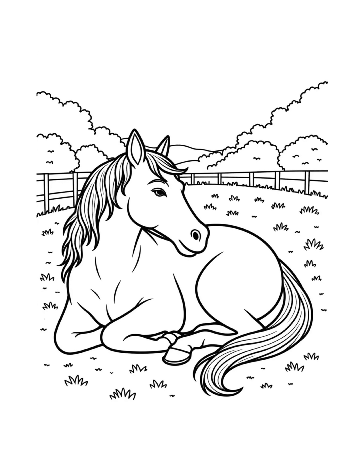 Horse resting calmly in a country field, black-and-white coloring page from Relaxing Horses To Color