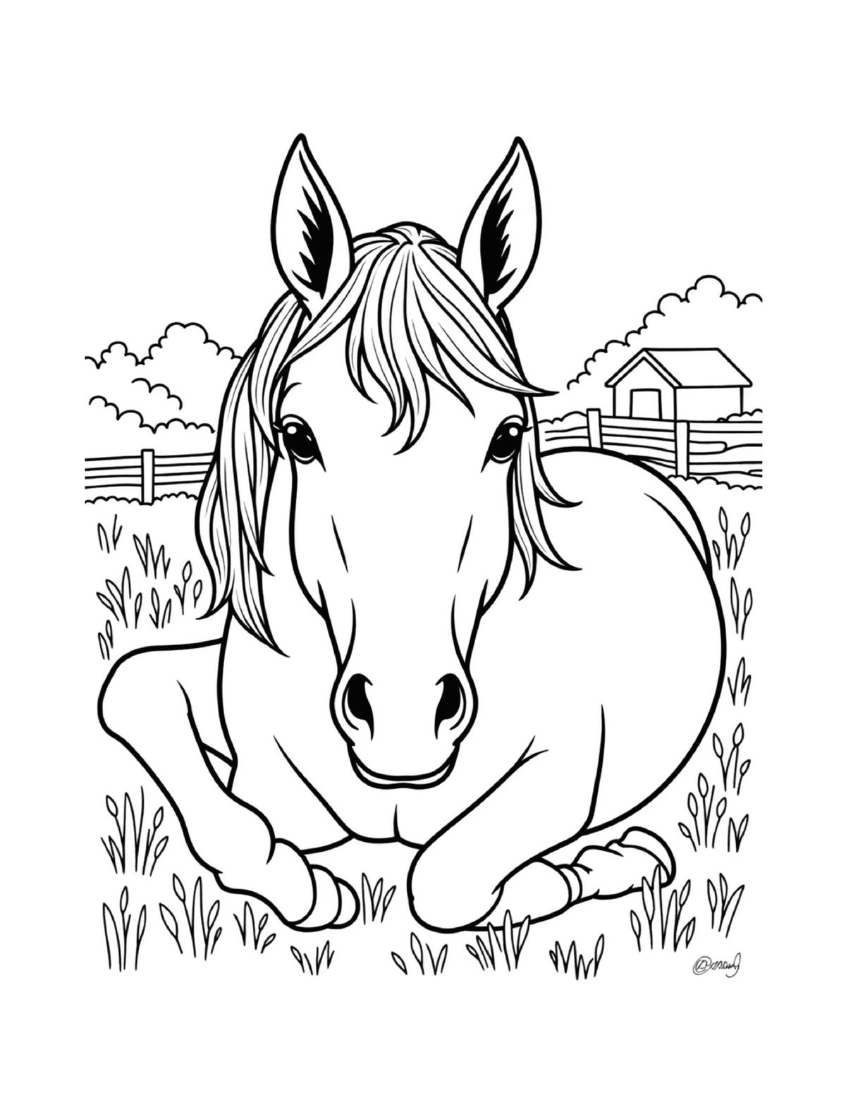 Close-up horse resting its head in the grass, black-and-white coloring page from Relaxing Horses To Color