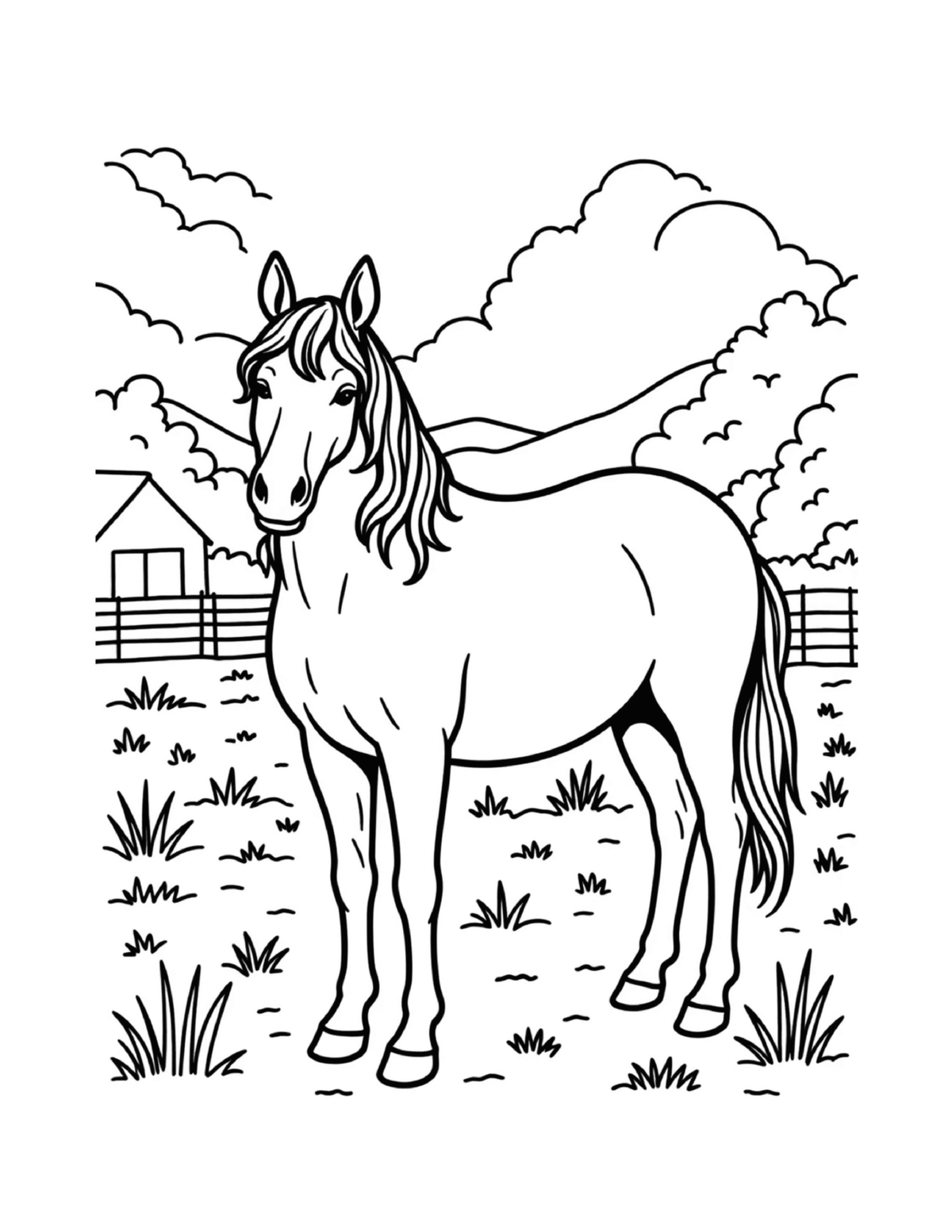 Horse trotting through a countryside pasture, black-and-white coloring page from Relaxing Horses To Color