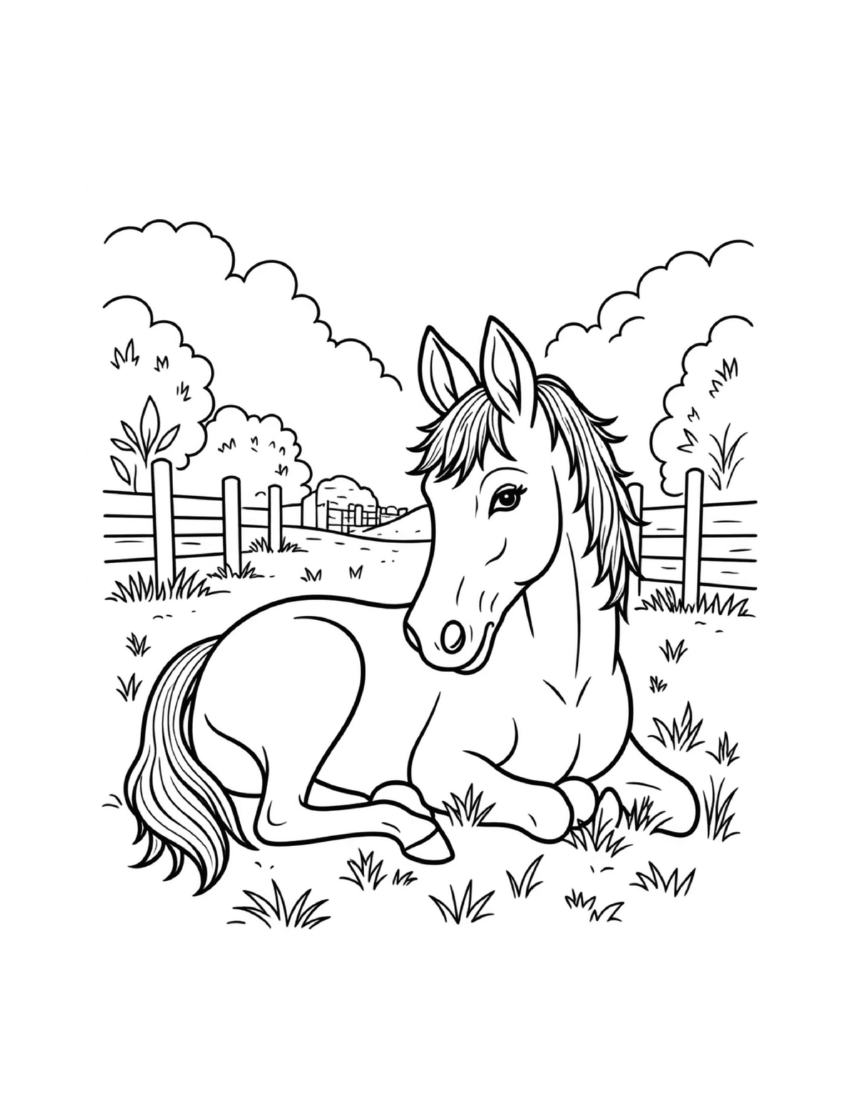 Horse lying peacefully beside a fence, black-and-white coloring page from Relaxing Horses To Color
