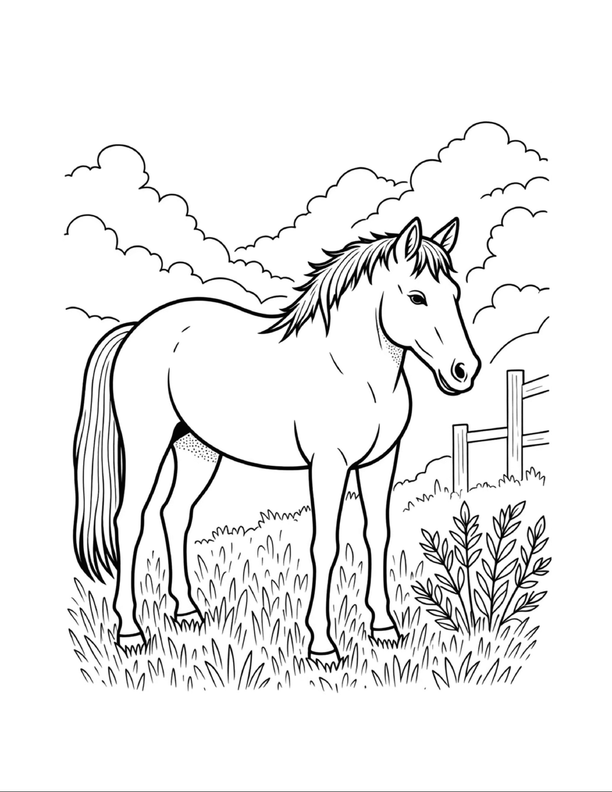 Horse standing among tall grass and leafy plants, black-and-white coloring page from Relaxing Horses To Color
