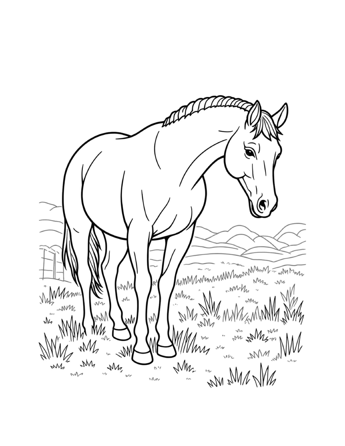Horse grazing quietly in an open field, black-and-white coloring page from Relaxing Horses To Color