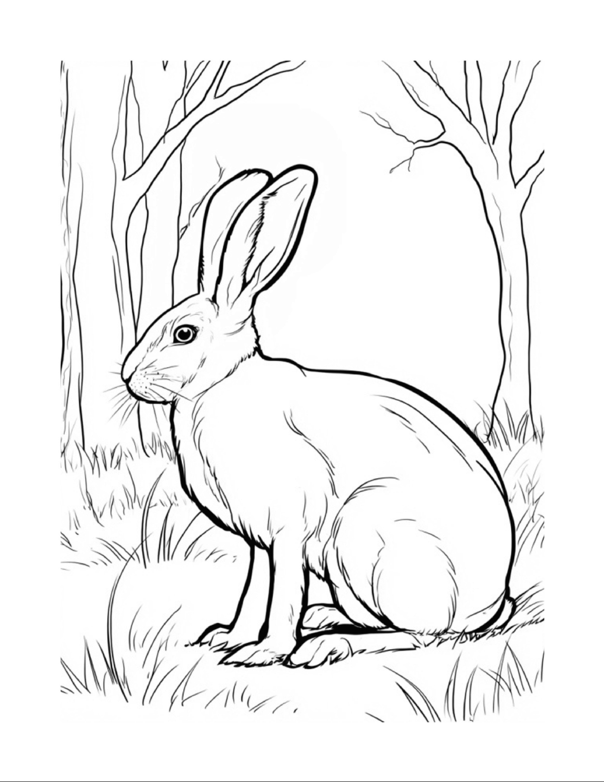 Rabbit sitting among grass and woodland trees, black-and-white coloring page from Relaxing Woodland Animals to Color