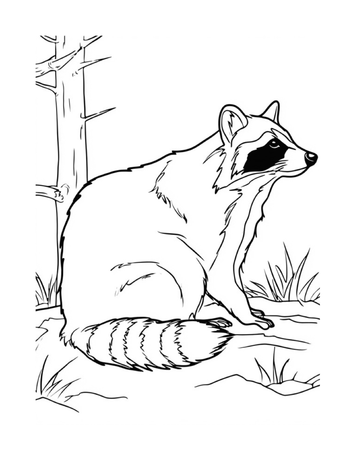 Raccoon resting beside a tree in the forest, black-and-white coloring page from Relaxing Woodland Animals to Color