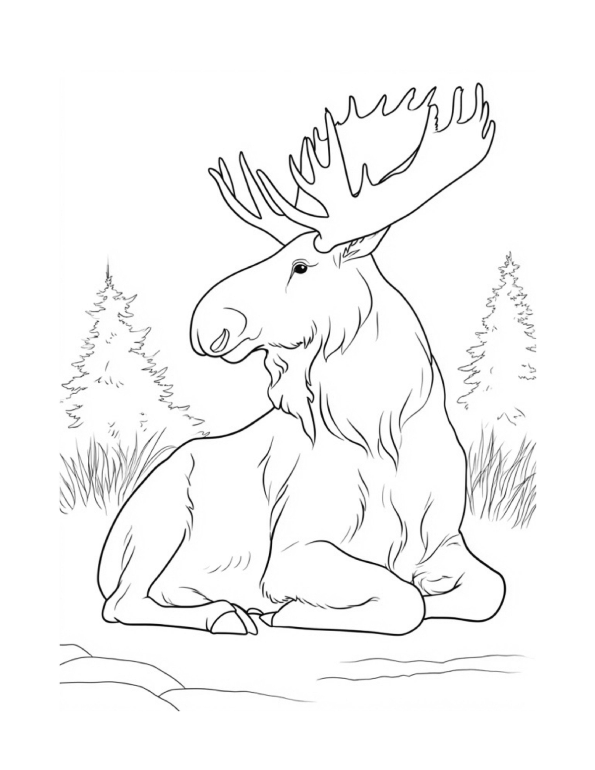 Moose resting in a peaceful evergreen clearing, black-and-white coloring page from Relaxing Woodland Animals to Color