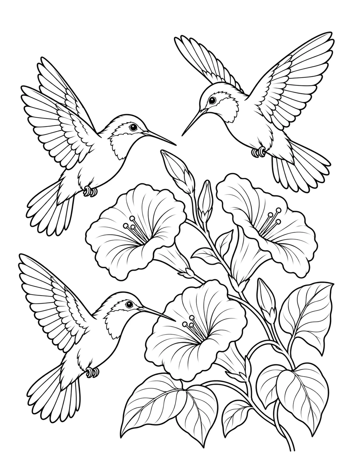 Hummingbirds hovering beside flowers, black-and-white coloring page from Relaxing Birds To Color