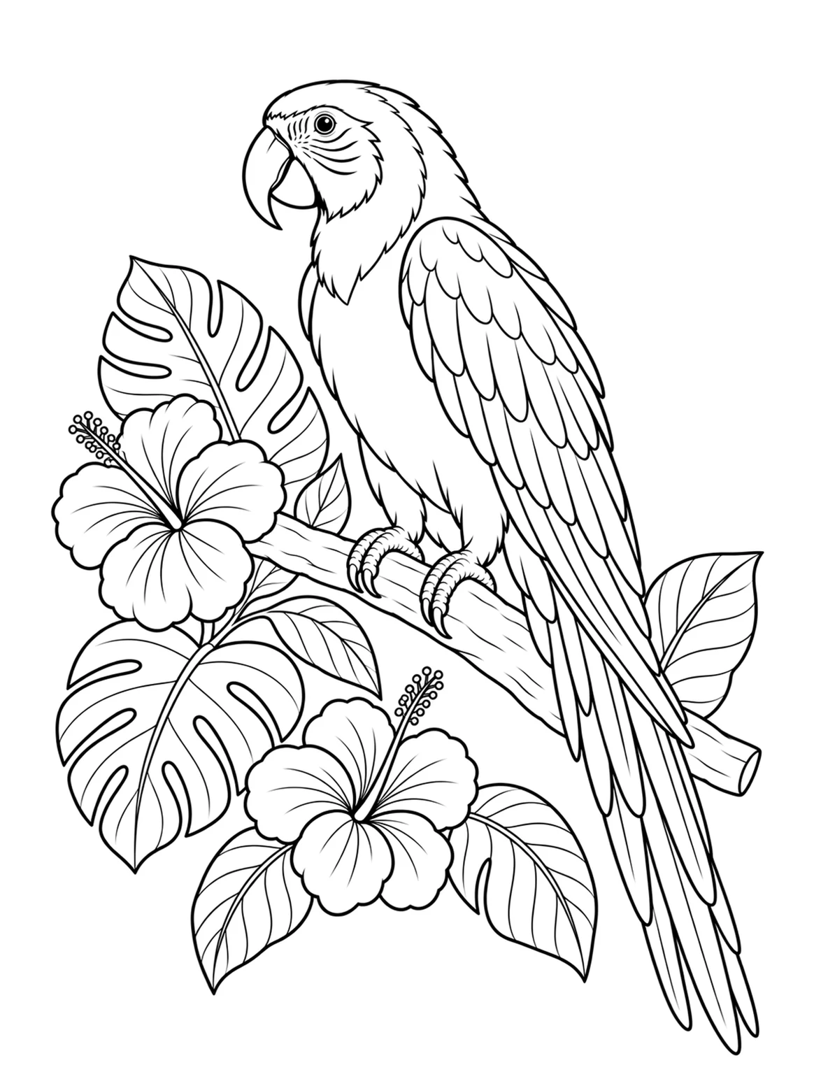 Macaw with tropical flowers and leaves, black-and-white coloring page from Relaxing Birds To Color