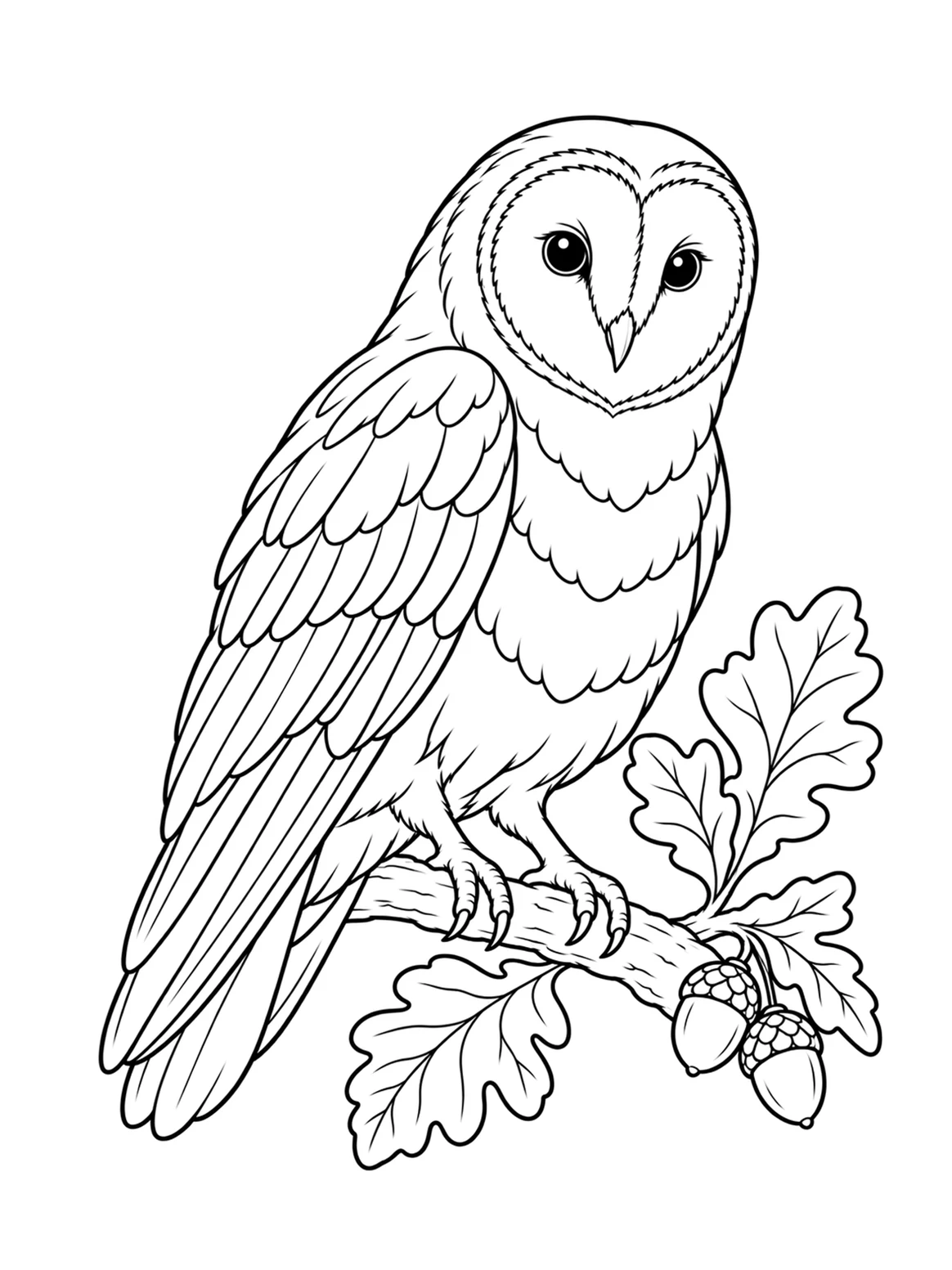 Owl perched on an oak branch, black-and-white coloring page from Relaxing Birds To Color