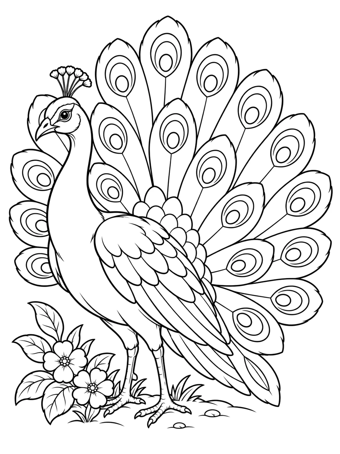 Peacock displaying its tail beside flowers, black-and-white coloring page from Relaxing Birds To Color