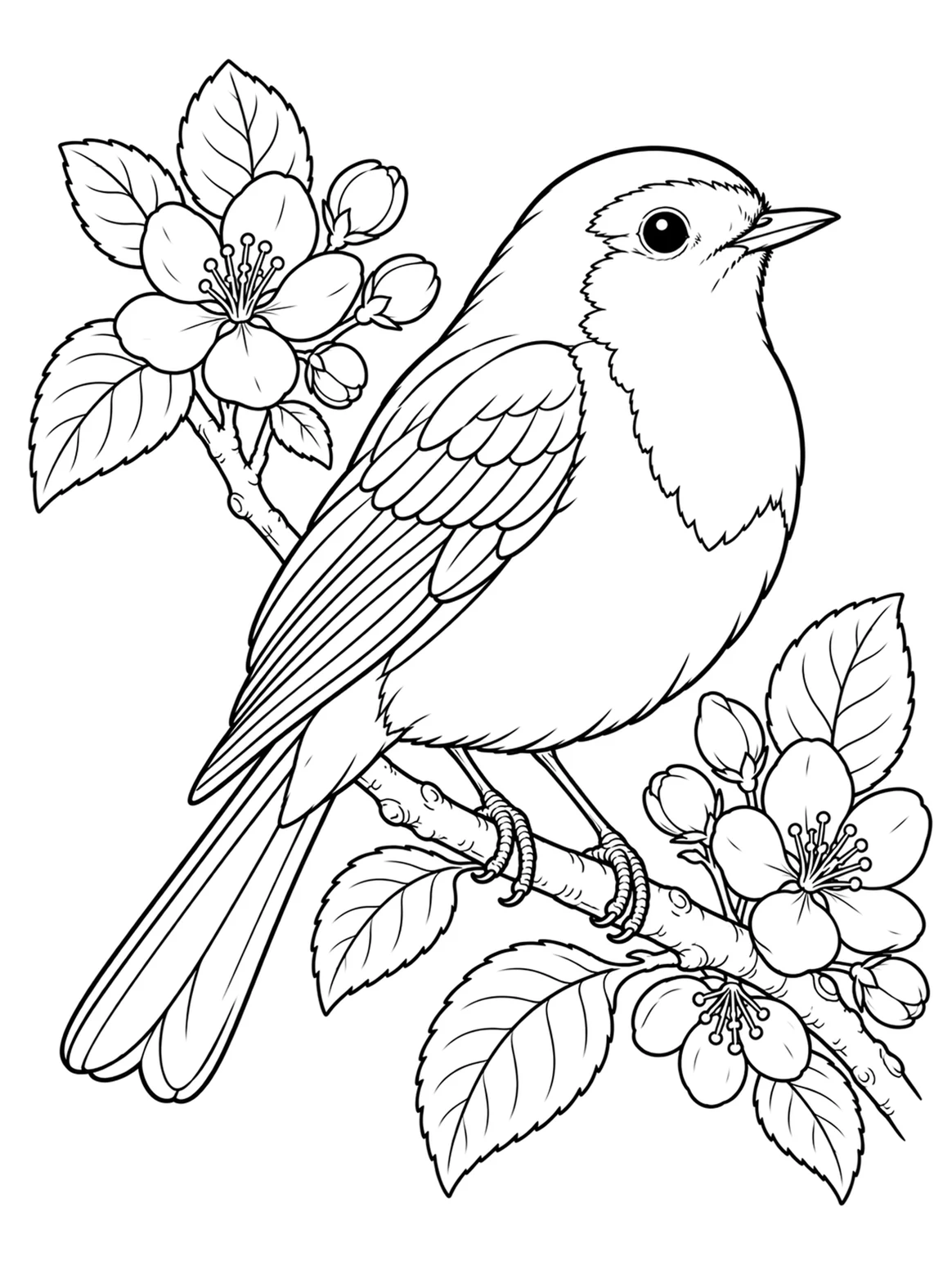 Robin perched among blossoms, black-and-white coloring page from Relaxing Birds To Color