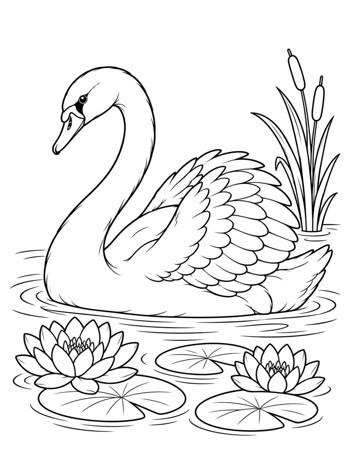 Swan among water lilies, black-and-white coloring page from Relaxing Birds To Color