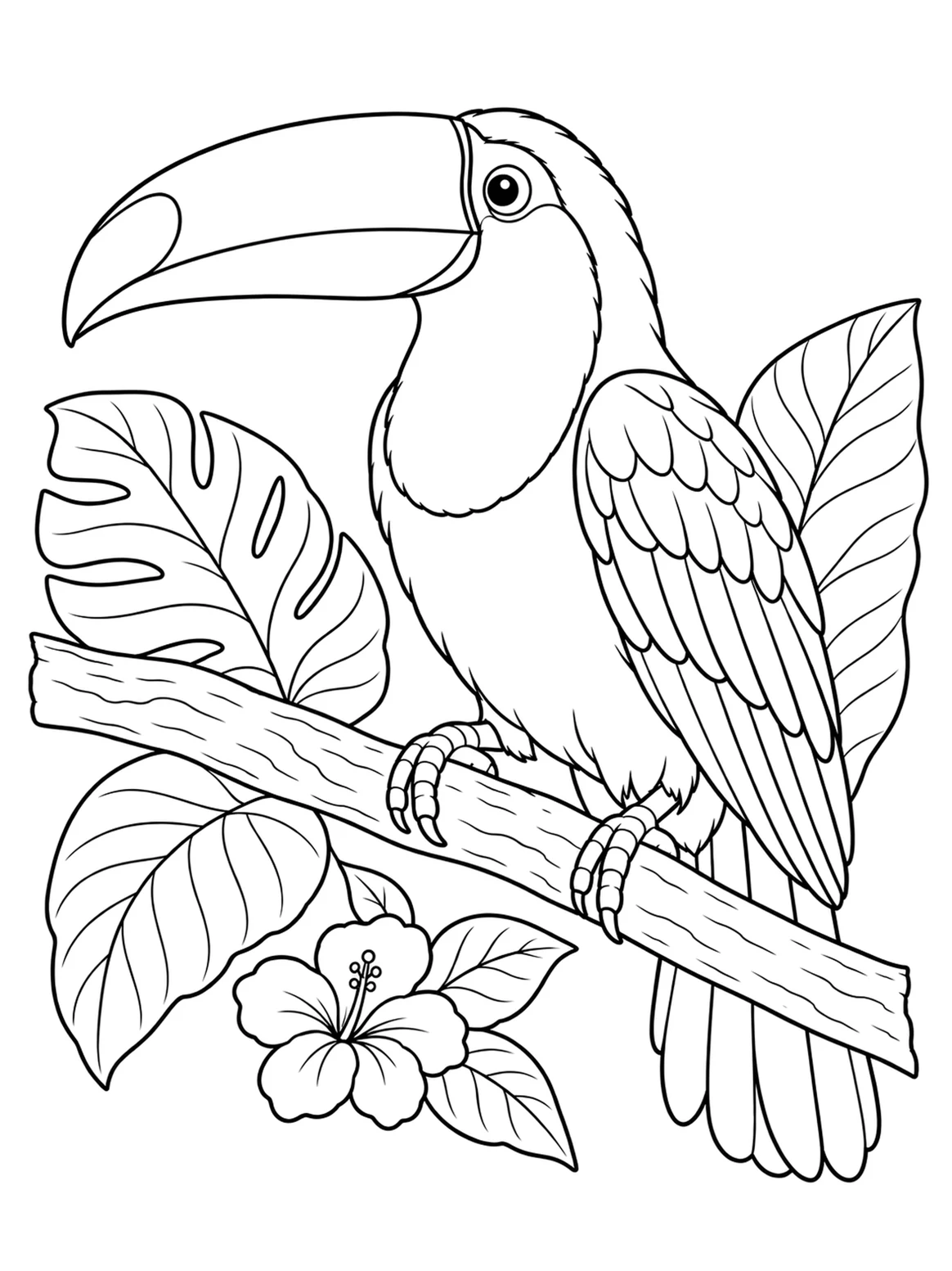 Toucan perched among tropical leaves, black-and-white coloring page from Relaxing Birds To Color